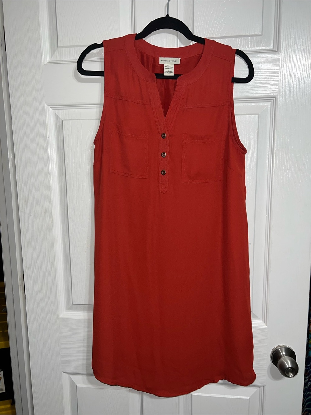 Adrienne Vittadini Sleeveless Coral-Red Shift Dress with Button Placket